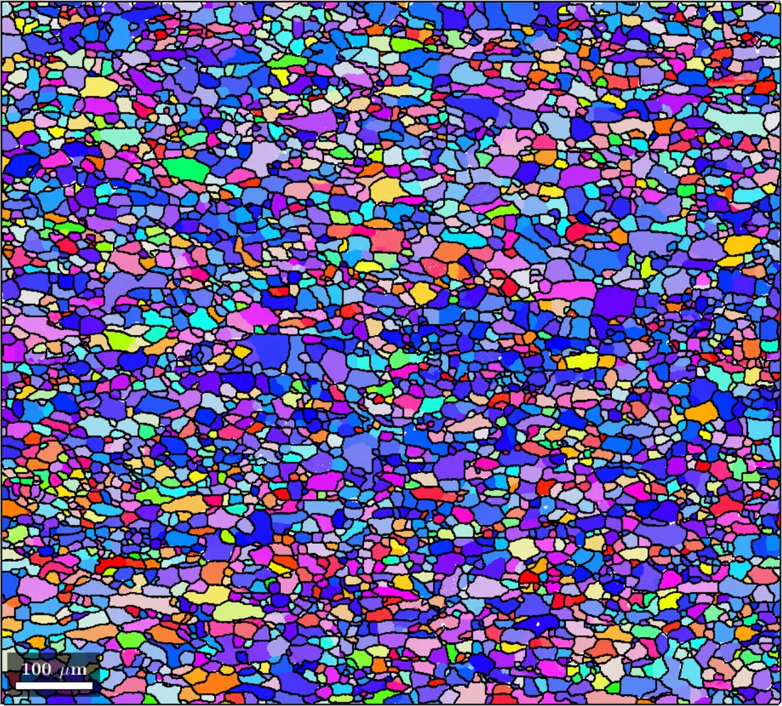 EBSD map of a steel sample, grains coloured by crystallographic orientation